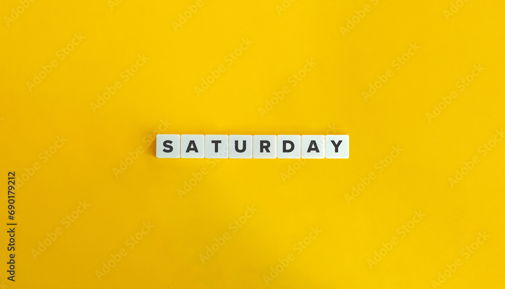 Saturday Word on Block Letter Tiles on Yellow Background. Minimalist Aesthetics. - obrazy, fototapety, plakaty 