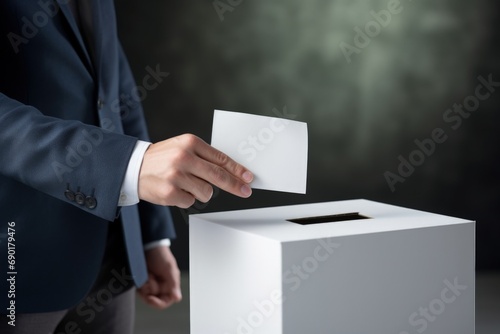 Man in a suit voting, putting paper in a ballot box, concept of politics and elections. Generative AI