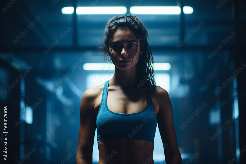 Athletic woman posing in dark gym with blue backlight