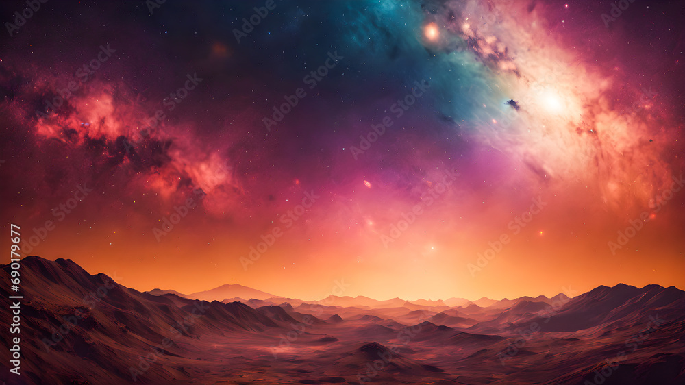 Fantasy alien planet. Mountain and nebula.