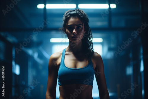 Athletic woman posing in dark gym with blue backlight © Magic Kiddo