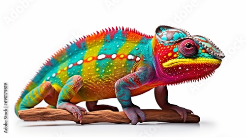 A quirky  rainbow-colored chameleon perched on a white background  showcasing its vibrant and comical personality