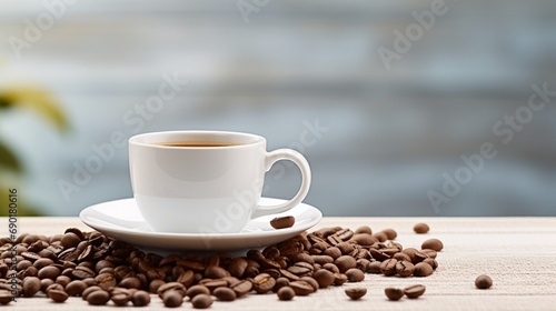 A white ceramic coffee mug on a saucer, surrounded by scattered coffee beans, offering a simple and elegant copy space