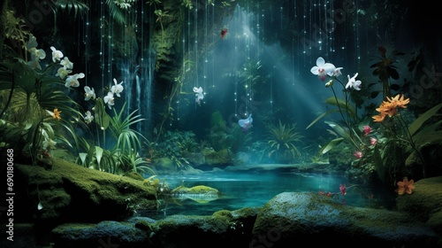 A serene jungle with bioluminescent plants and flowers around a waterfall. The jungle comes alive at night, with the bioluminescent glow transforming it into a mystical wonderland - AI Generative