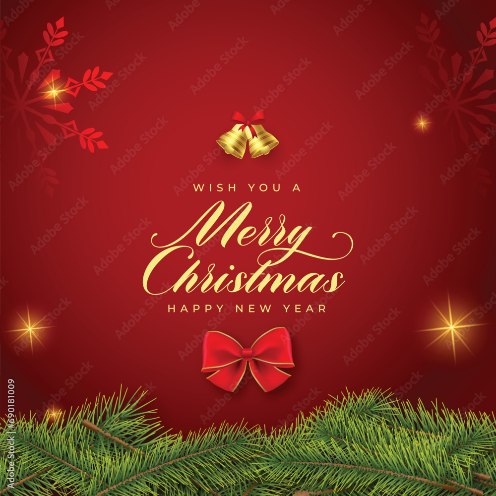 Merry xmas and new eve red background with jingle and ribbon design 