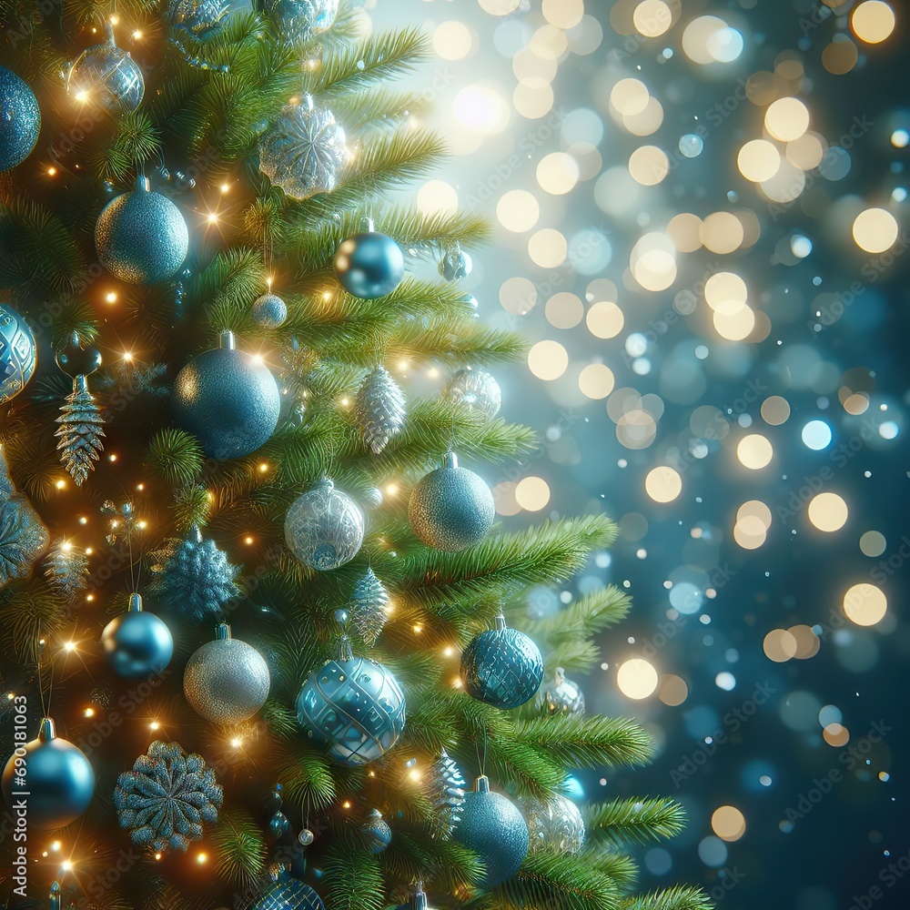 Christmas Tree With Ornaments In Blue And Bokeh Lights - Real Fir Branches With Glittering In Abstract Defocused Background - This Image Contain 3d Rendering Elements Christmas Tree With Ornaments In Blue And Bokeh Lights - Real Fir Branches With Glittering In Abstract Defocused Background - This Image Contain 3d Rendering Elements