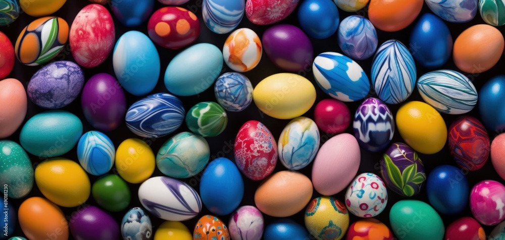 Fototapeta premium Background with many beautiful colorful Easter eggs, holiday and parties concept. Generative AI