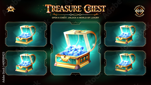 Open Treasure Chests Collection With Blue Diamonds-Unveiling a Realm from Basic to Upgraded Levels for RPG, Fantasy, and Medieval Games-Vector illustration Design