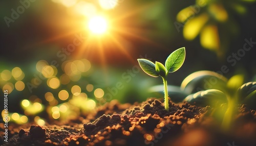 The image captures a young seedling sprouting from the soil, illuminated by the warm sunlight with a beautiful bokeh effect in the background. photo