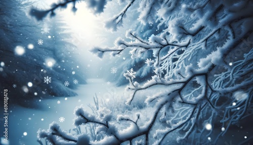 The image portrays a serene winter scene with close-up details of snowflakes gently falling on frost-covered tree branches against a soft, hazy background.