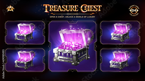 Open Treasure Chests Collection With Pink Diamonds-Unveiling a Realm from Basic to Upgraded Levels for RPG, Fantasy, and Medieval Games-Vector illustration Design