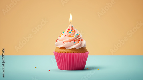 Сupcake with a festive candle. Holiday cupcake. Birthday