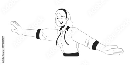 Dance move with arms caucasian woman black and white 2D line cartoon character. Blonde girl carefree lifestyle isolated vector outline person. Nostalgia performer monochromatic flat spot illustration