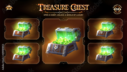 Open Treasure Chests Collection With Green Crystals-Unveiling a Realm from Basic to Upgraded Levels for RPG, Fantasy, and Medieval Games-Vector illustration Design