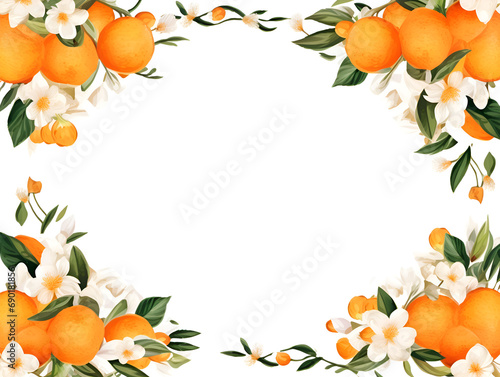 Watercolor frame background with oranges and green leaves, white cops space inside 