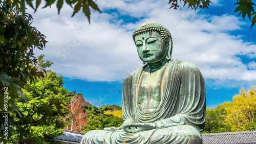 Timelapse of The Great Buddha Daibutsu, a view through the autumn leaves, is a lanmak and the sacred site is located in Kotokuin Temple. which is a symbol of Kamakura city Kanagawa Prefecture Japan photo