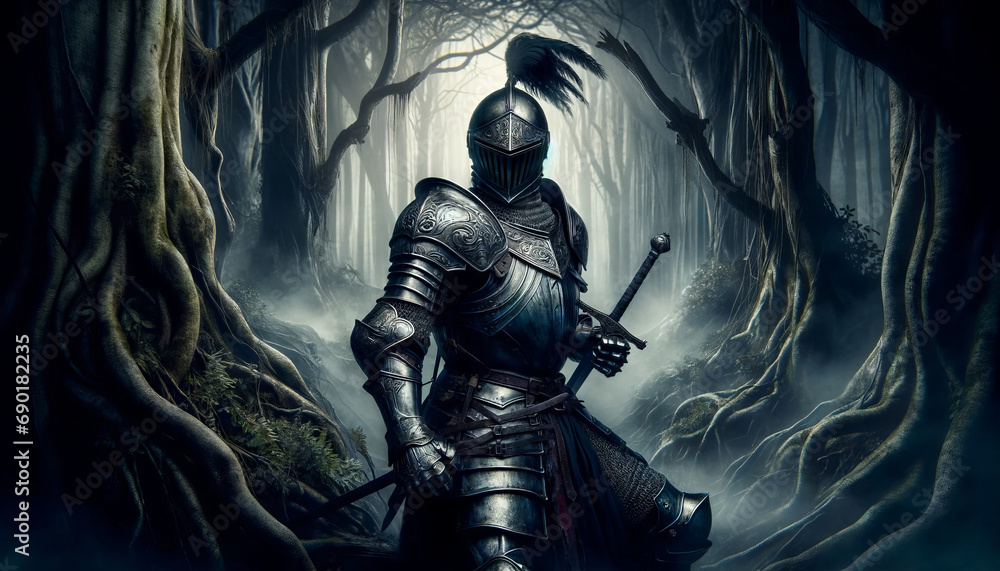  A dramatic and intense scene of a medieval knight in full armor, standing in a misty, ancient forest. 