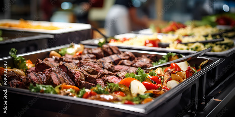 Catering buffet food indoor in restaurant with meat colorful fruits vegetables and meals,Feast for the Senses: Restaurant Buffet Showcasing Meat and Fresh Produce
