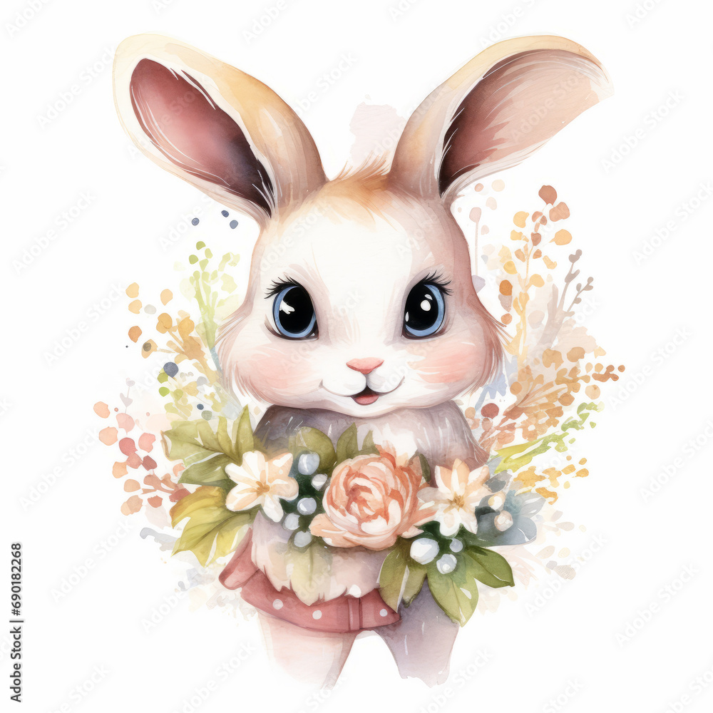 Cute watercolor bunny with a bouquet of flowers. Illustration for greeting cards. Cute watercolor bunny with a bouquet of flowers. Illustration for greeting cards.