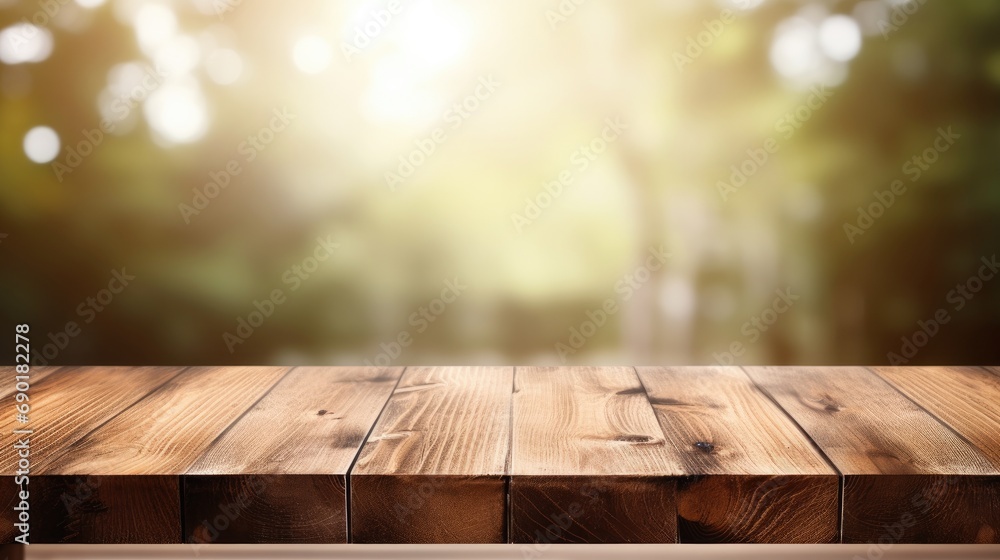 Wooden Table Top, Blurry Trees Background Wooden Table Top, Blurry Trees Background
