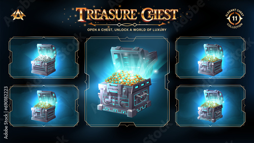 Futuristic Open Treasure Chests Collection With Gold and Blue Coins -Unveiling a Realm from Basic to Upgraded Levels for RPG, Fantasy, and Medieval Games-Vector illustration Design