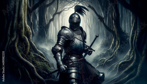  A dramatic and intense scene of a medieval knight in full armor, standing in a misty, ancient forest.  photo