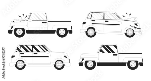 Auto repair shop black and white 2D line cartoon objects set. Accident automobile isolated vector outline items collection. Retro cars. Newly refurbished vehicle monochromatic flat spot illustrations