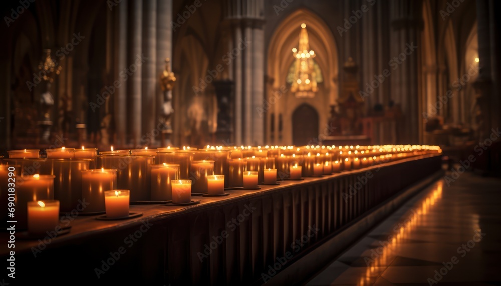 Fototapeta premium Rows of Lit Candles in a Church