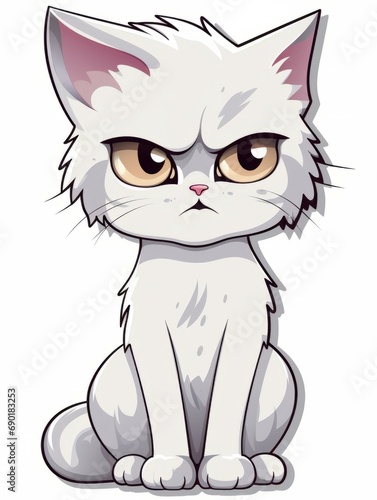 Cartoon sticker upset kitten on white background isolated, AI