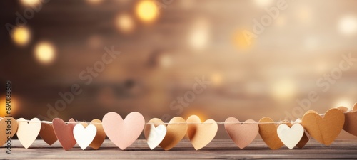 Happy Valentine's Day Valentine wedding birthday background banner panorama greeting - Beige brown hearts hanging on a string, with bokeh lights in the background