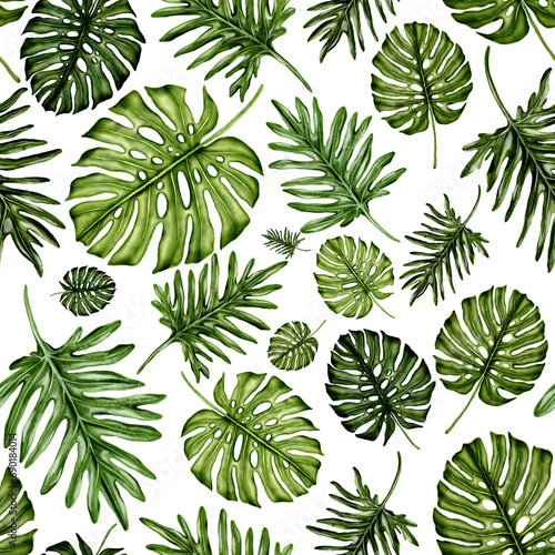 Watercolor seamless pattern with tropical leaves. Beautiful allover print with hand drawn exotic plants. Swimwear botanical design. © Natallia Novik