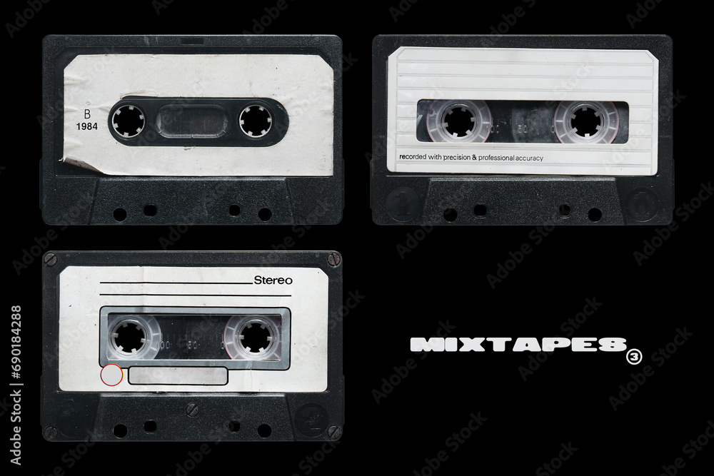 Fototapeta premium Old audio cassette tape collection with blank white label, mixtape mockup set