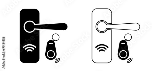 Contactless, digital door car handle key. Wireless, NFC key fob, RFID tag key. Security door knob or doorknob transmitter. Login, remote control key for automatic, electronic unlock or lock