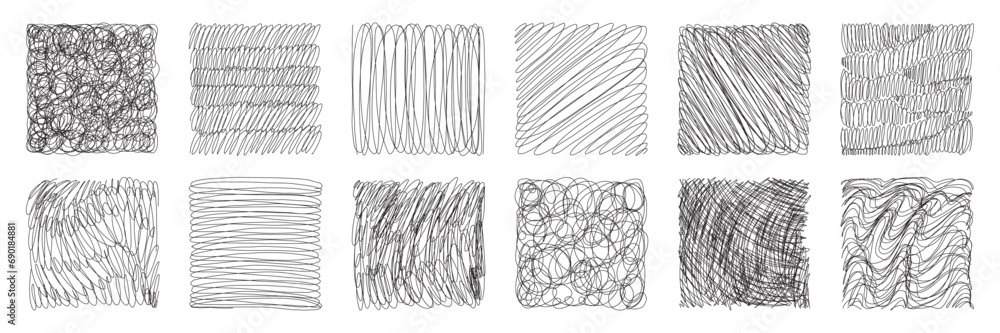 Set of hand drawn pencil crosshatch shapes. Doodle and sketch style. Black squiggle grunge texture. Vector illustration. - obrazy, fototapety, plakaty 