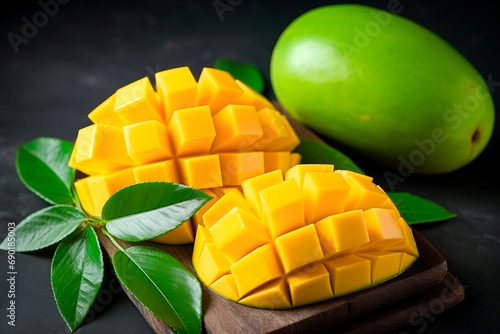 Yellow mango with green leaf cut in cubes isolated on black background