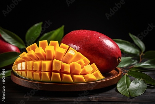 Sweet red mango and half of the fruit on a dark wooden background Sliced Mango Cubes, Exotic Sweet Red Mango