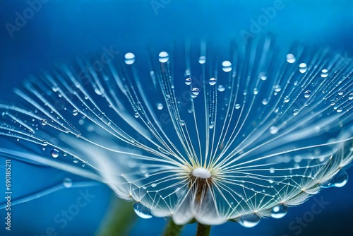 **drop of dew on dandelion seeds. macro background blue color. drops of water on the  parachutes of a flower. concept of tranquility a gentle image.