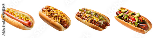 Variety of Hot Dogs: Classic, Chili, Melted Cheese, Vegetarian Options On Transparent Background