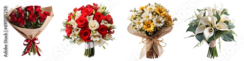 Assorted Bouquets: Roses, Rose & Lisianthus, Daisies & Chrysanthemums, Calla Lilies & Eucalyptus On Transparent Background