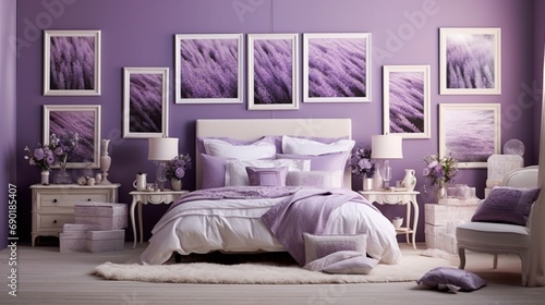 Create a serene and sumptuous bedroom oasis, a lavender wall setting the stage for an empty white photo frame, perfect for displaying your most cherished photographs.