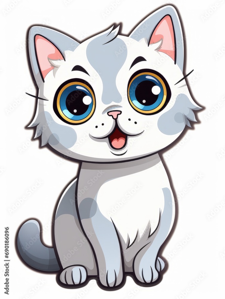 Cartoon sticker cute kitten on white background isolated, AI Cartoon sticker cute kitten on white background isolated, AI