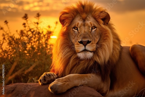 Portrait of a lion at sunset  Generative AI 