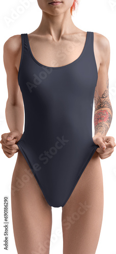 Mockup of a dark blue one-piece swimsuit on a girl with a tattoo, front view, bodysuit PNG