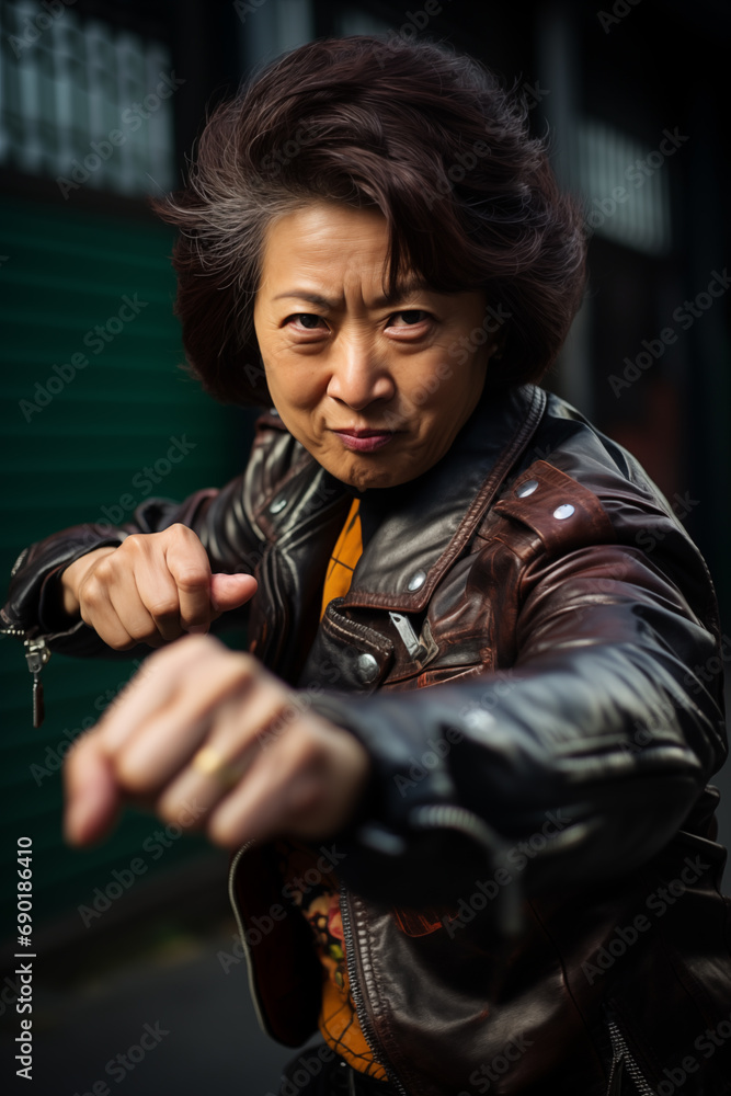 funny asian senior woman punching in a action pose. - leather jacket - gang member - biker club member