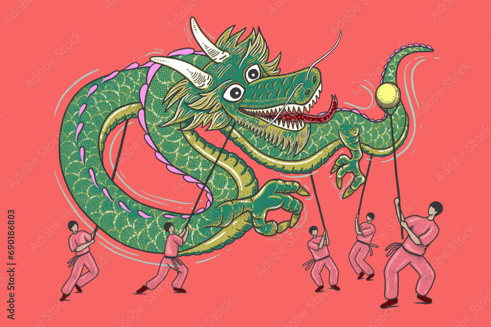 Obraz premium Modern-retro illustration of an oriental cultural dragon dance performance by five men. Symbolism for Lunar New Year, welcoming prosperity, abundance, cultural performance, traditional celebration. 