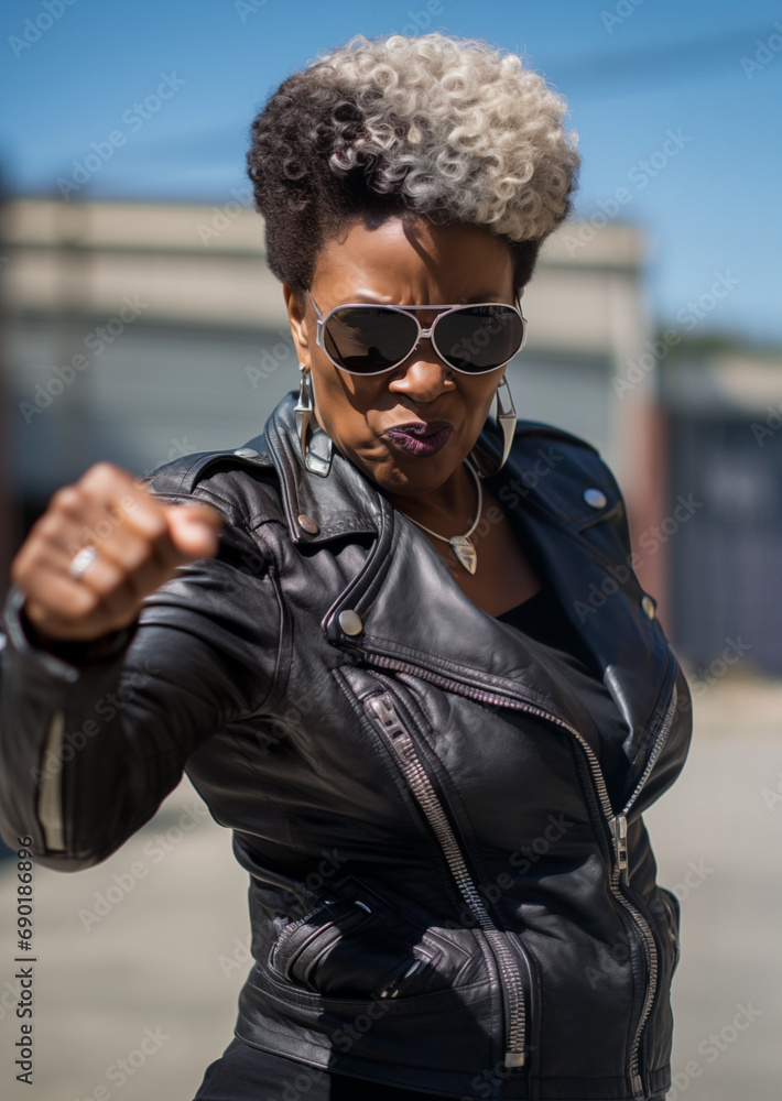 Tough senior black woman - black leather jacket - action pose - sunglasses - punching pose - gang member - biker club member Tough senior black woman - black leather jacket - action pose - sunglasses - punching pose - gang member - biker club member