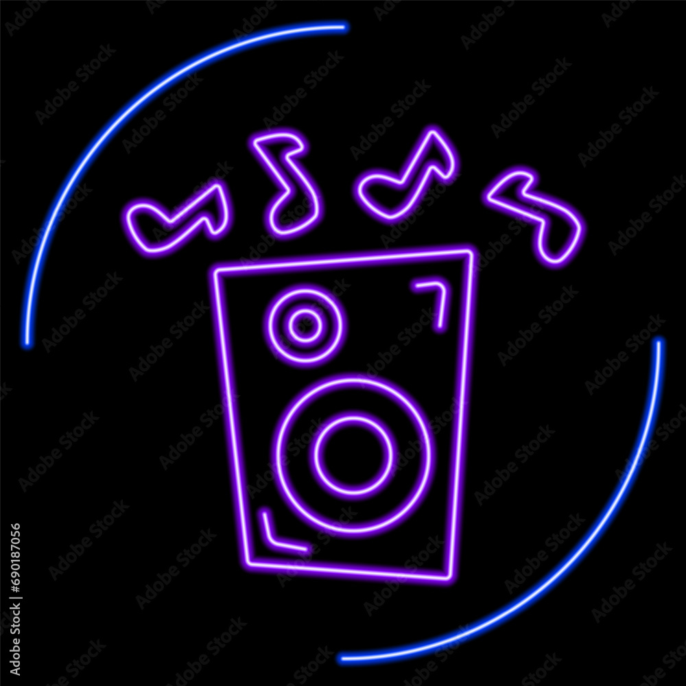music speakers neon sign, modern glowing banner design, colorful modern design trends on black background. Vector illustration. music speakers neon sign, modern glowing banner design, colorful modern design trends on black background. Vector illustration.