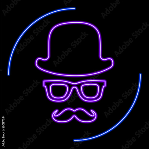 mustache hat neon sign, modern glowing banner design, colorful modern design trends on black background. Vector illustration.