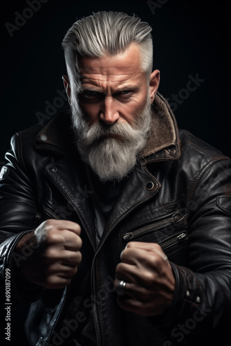 Tough senior white man - black leather jacket - action pose - gray beard - partially bald - gang member - biker club member photo