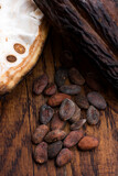 Cocoa (cacao) beans on a beanpod with focus on foreground.